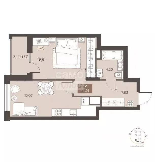 1-к кв. Омская область, Омск ул. Завертяева, 1 (44.24 м) - Фото 2