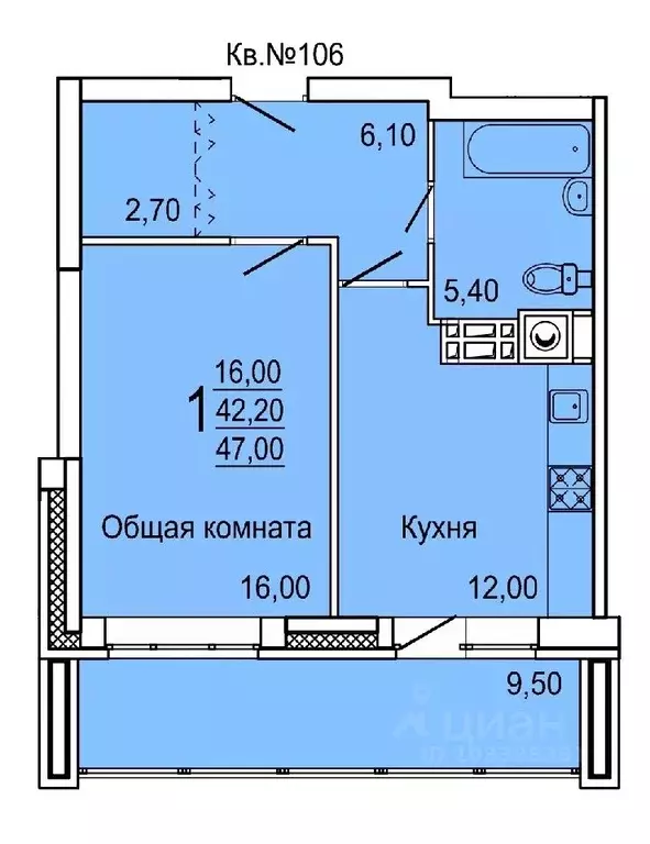 1-к кв. Тульская область, Тула ул. Седова, 20Д/1 (47.0 м) - Фото 0