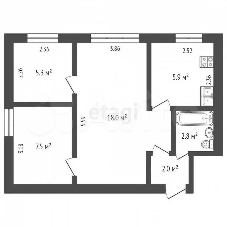 3-к. квартира, 41,5 м, 5/5 эт. - Фото 0