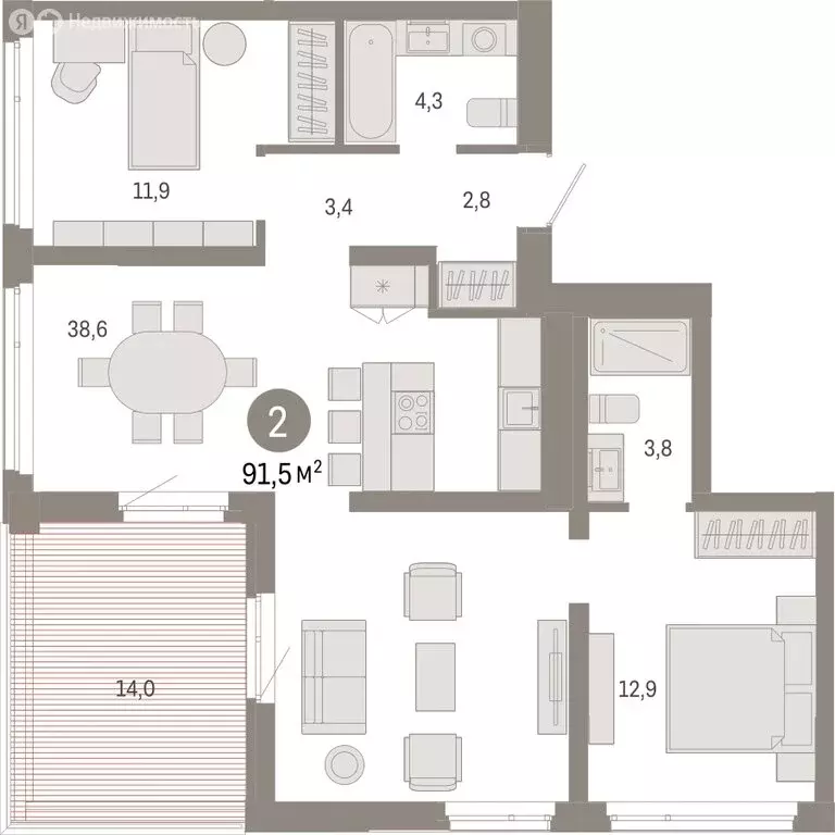 2-комнатная квартира: Тюмень, Ленинский округ (91.46 м) - Фото 1