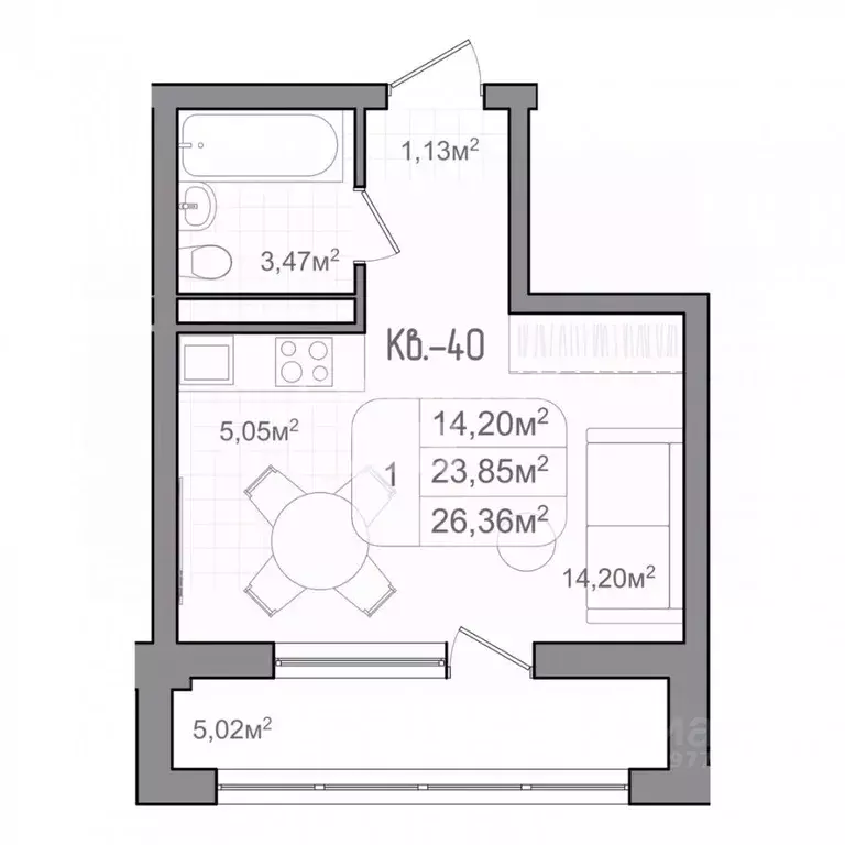 1-к кв. Волгоградская область, Волгоград ул. Чебышева, 38/1 (26.35 м) - Фото 2