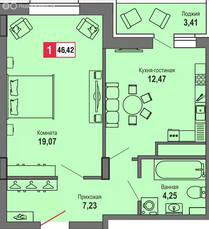 1-комнатная квартира: Тверь, Оснабрюкская улица, 22к1 (46.42 м) - Фото 1