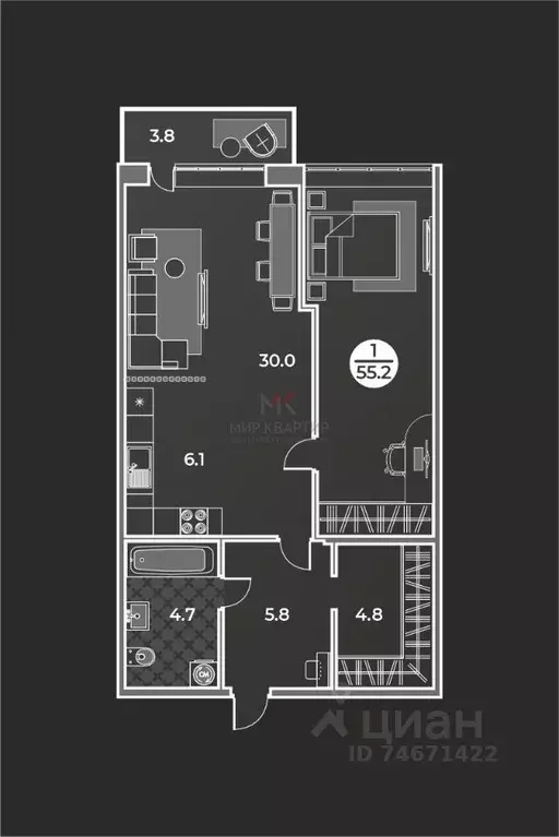 1-к кв. Хакасия, Абакан ул. Генерала Тихонова, 14 (55.2 м) - Фото 2