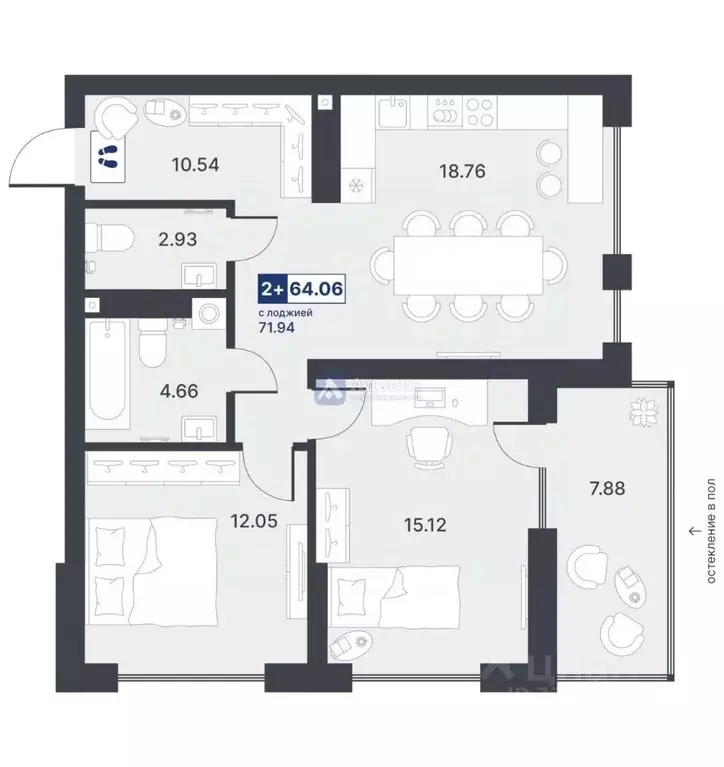 2-к кв. Тюменская область, Тюмень ДОК мкр, ул. Рылеева, 31 (64.06 м) - Фото 1