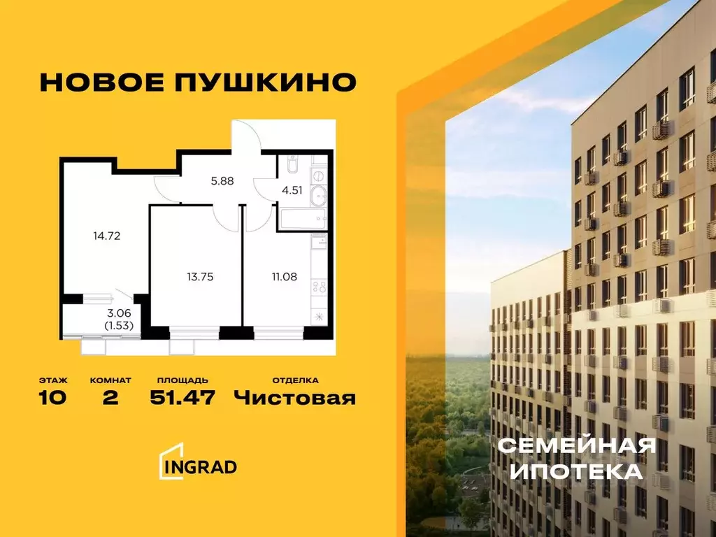 2-к кв. Московская область, Пушкино Новое Пушкино мкр, к20 (51.47 м) - Фото 0