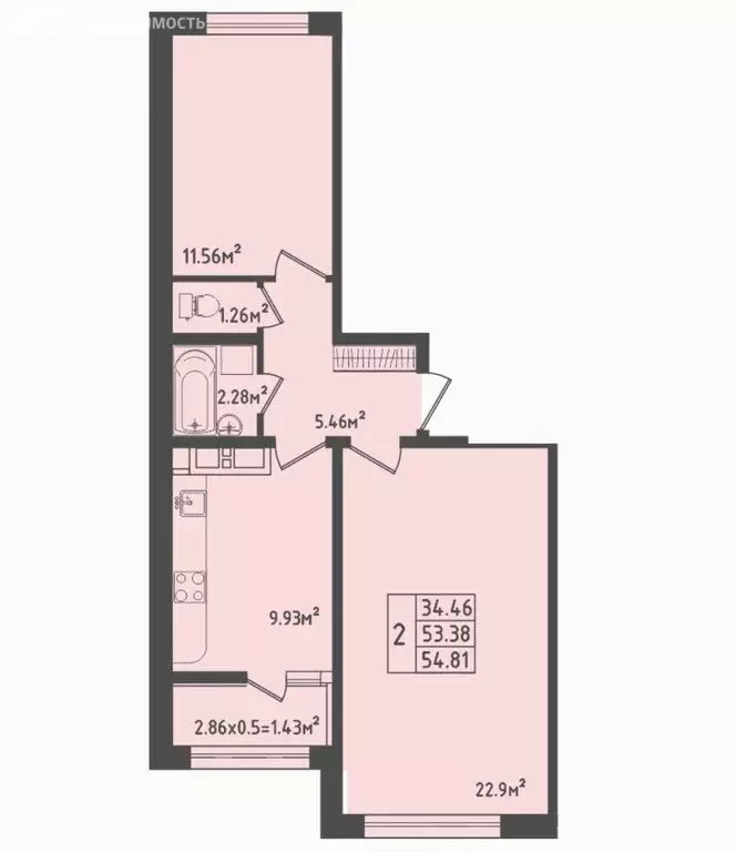 2-комнатная квартира: аул Новая Адыгея, Береговая улица, 3к17 (55.1 м) - Фото 1