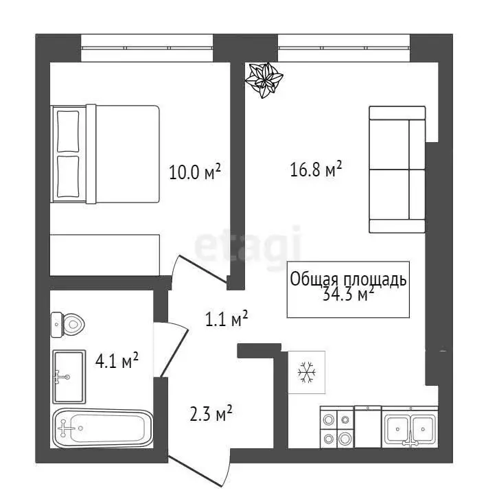 1-комнатная квартира: Новосибирск, улица Костычева, 19/1 (34.5 м) - Фото 0