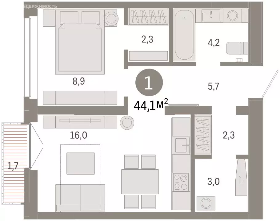 2-комнатная квартира: Тюмень, улица Республики, 205к2 (44 м) - Фото 2