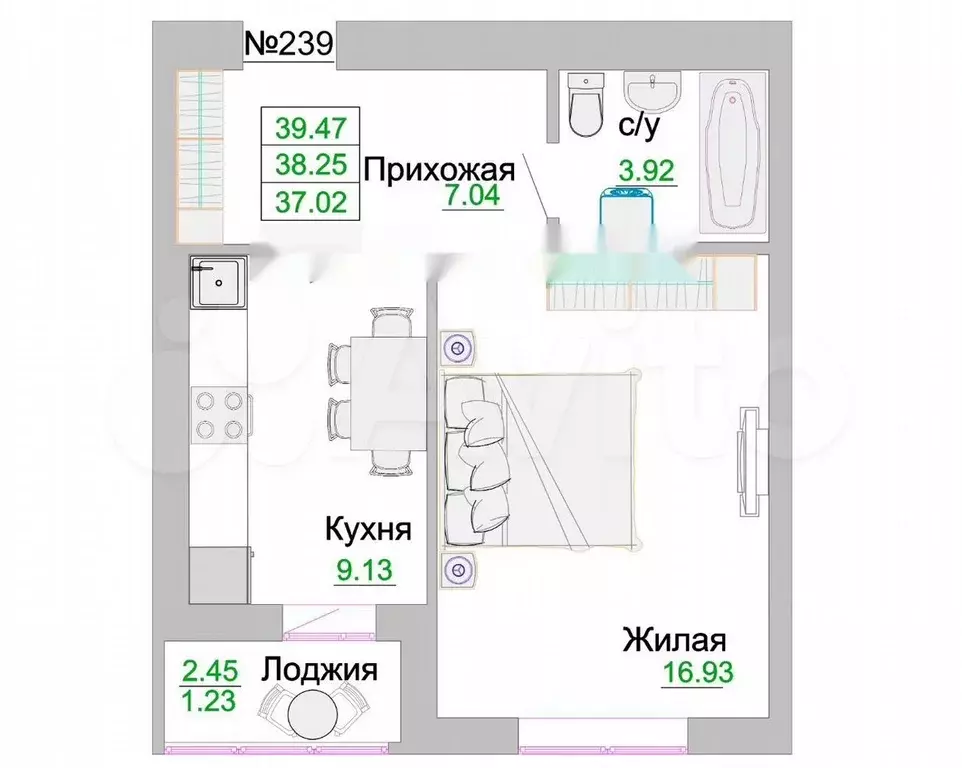 1-к. квартира, 38,3 м, 4/9 эт. - Фото 1