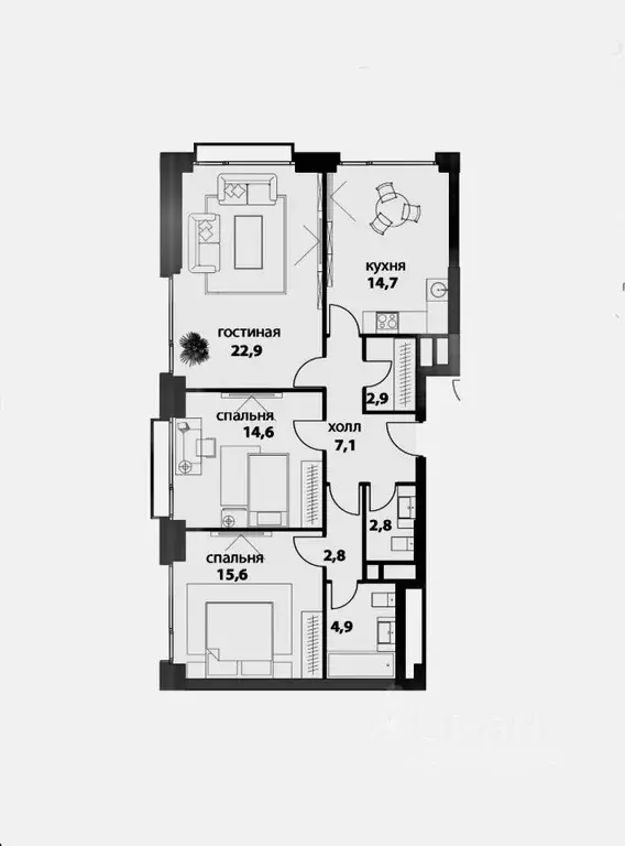 3-к кв. москва ул. янковского, 1к3 (89.0 м) - Фото 1