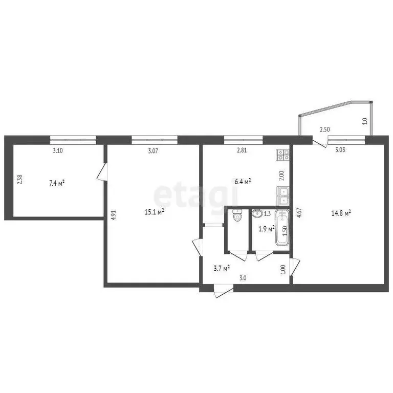 3-комнатная квартира: посёлок Новосиньково, 47 (50.6 м) - Фото 1