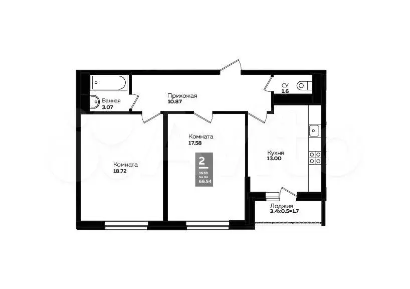 2-к. квартира, 65,1 м, 4/24 эт. - Фото 1