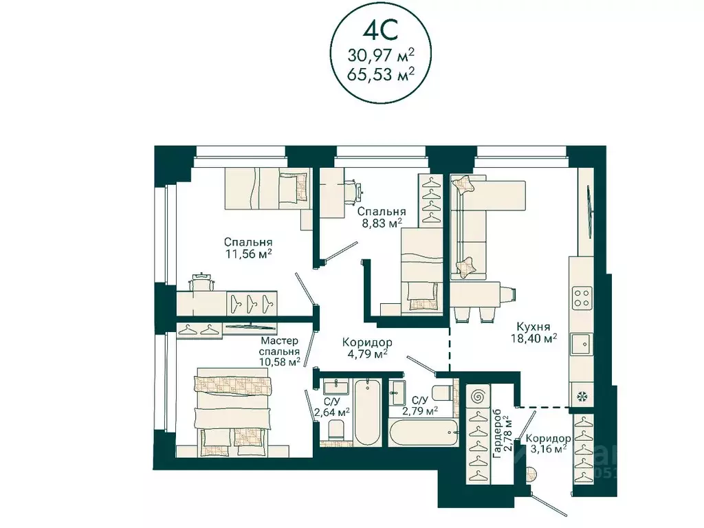 4-к кв. Башкортостан, Уфа Сердце Уфы жилой комплекс (65.53 м) - Фото 2