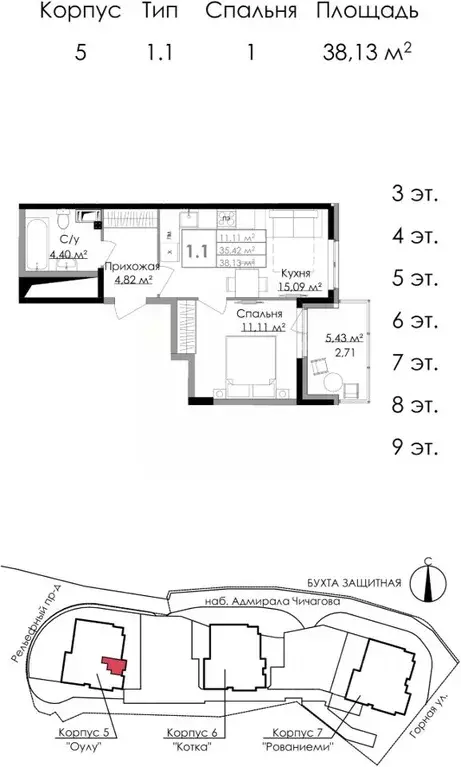 1-к кв. Ленинградская область, Выборг наб. Адмирала Чичагова, 6 (37.6 ... - Фото 1