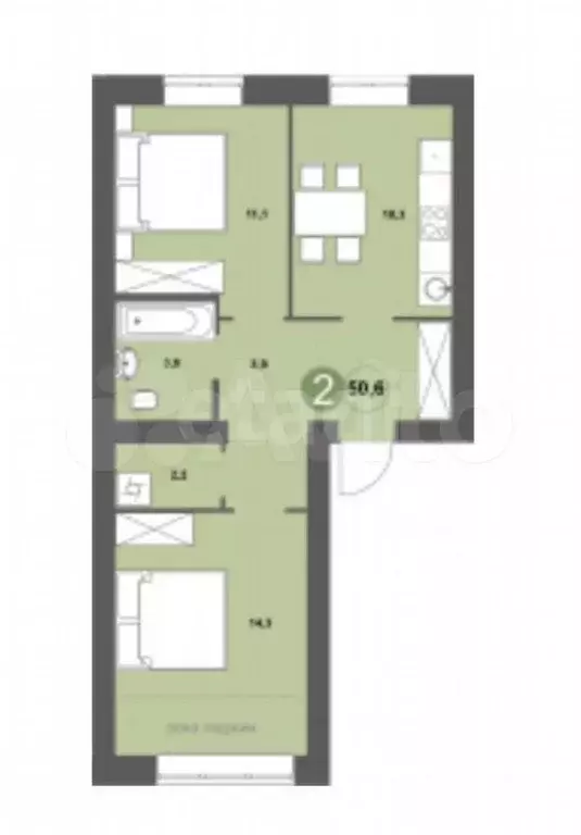 2-к. квартира, 51 м, 5/5 эт. - Фото 0