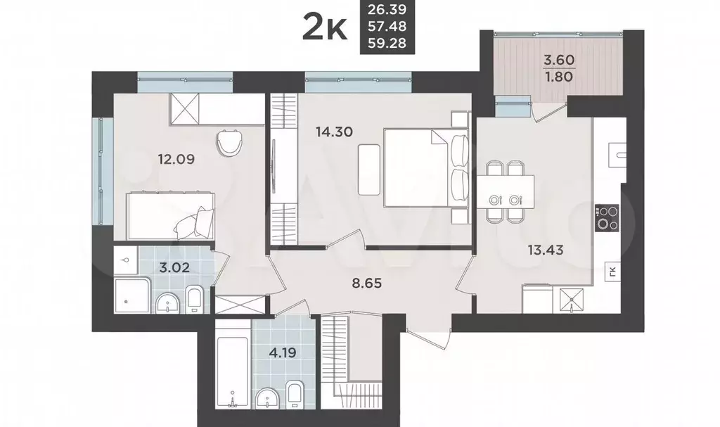2-к. квартира, 57,5 м, 5/9 эт. - Фото 1