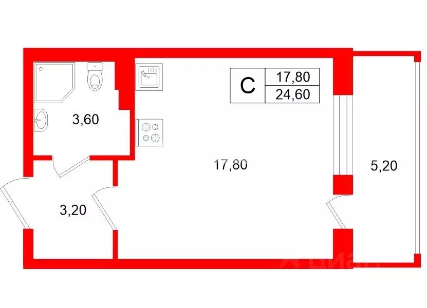 Студия Санкт-Петербург просп. Буденного, 15 (24.6 м) - Фото 2