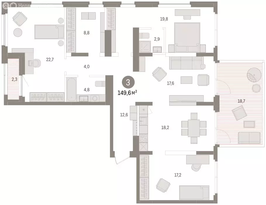 3-комнатная квартира: Тюмень, Мысовская улица (149.56 м) - Фото 2