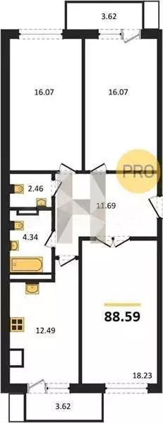 3-к. квартира, 88,6 м, 1/9 эт. - Фото 1