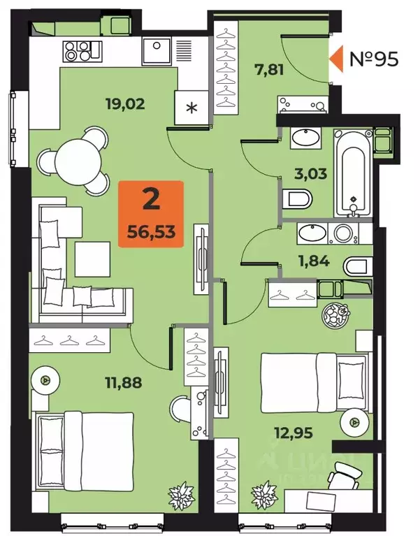 2-к кв. Самарская область, Самара просп. Карла Маркса, 231 (56.53 м) - Фото 1