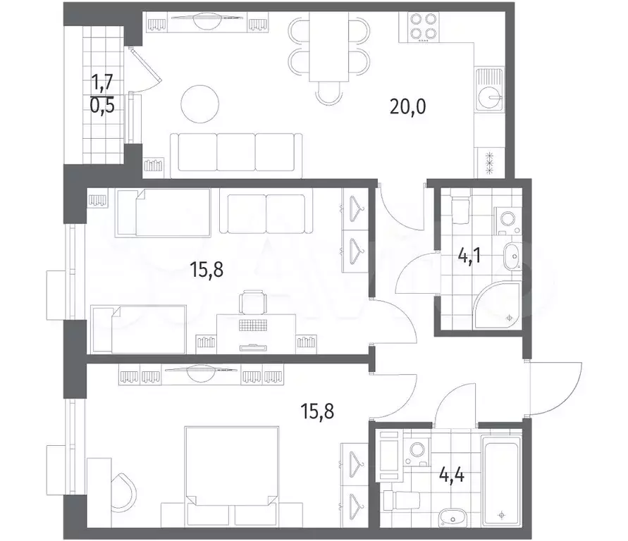 2-к. квартира, 68 м, 2/6 эт. - Фото 1