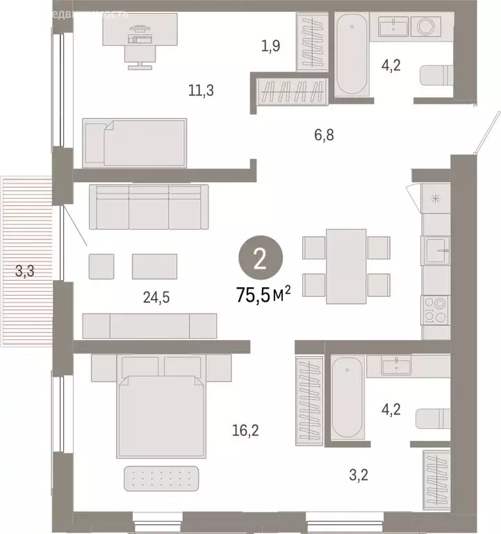 2-комнатная квартира: Новосибирск, Большевистская улица, с49 (75.54 м) - Фото 0