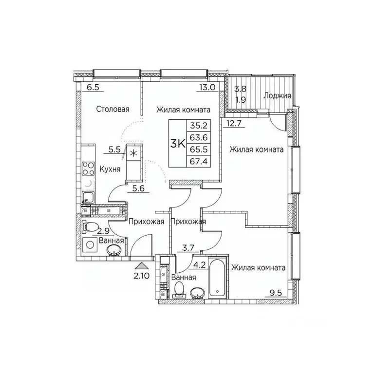 3-к кв. Приморский край, Владивосток ул. Расула Гамзатова, 7к3 (67.4 ... - Фото 1