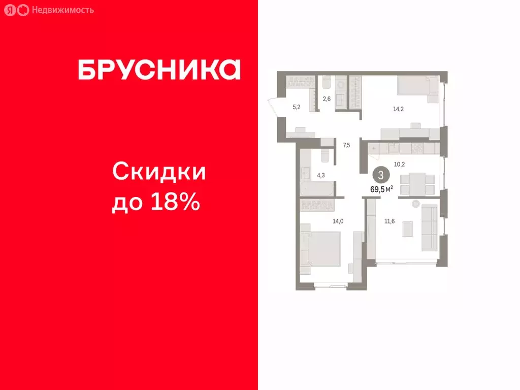 3-комнатная квартира: Пермь, микрорайон Крохалева (69.48 м) - Фото 1