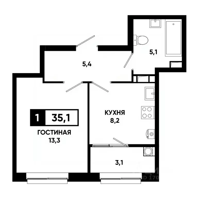 1-к кв. Ставропольский край, Ставрополь просп. Российский, 16 (35.1 м) - Фото 1