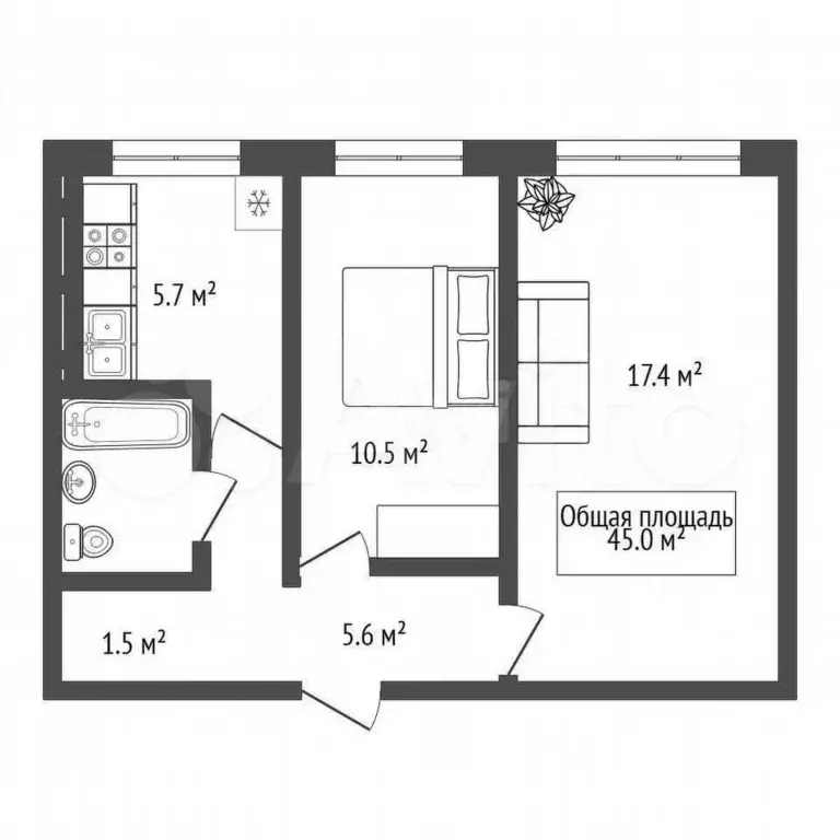 2-к. квартира, 45 м, 1/5 эт. - Фото 0