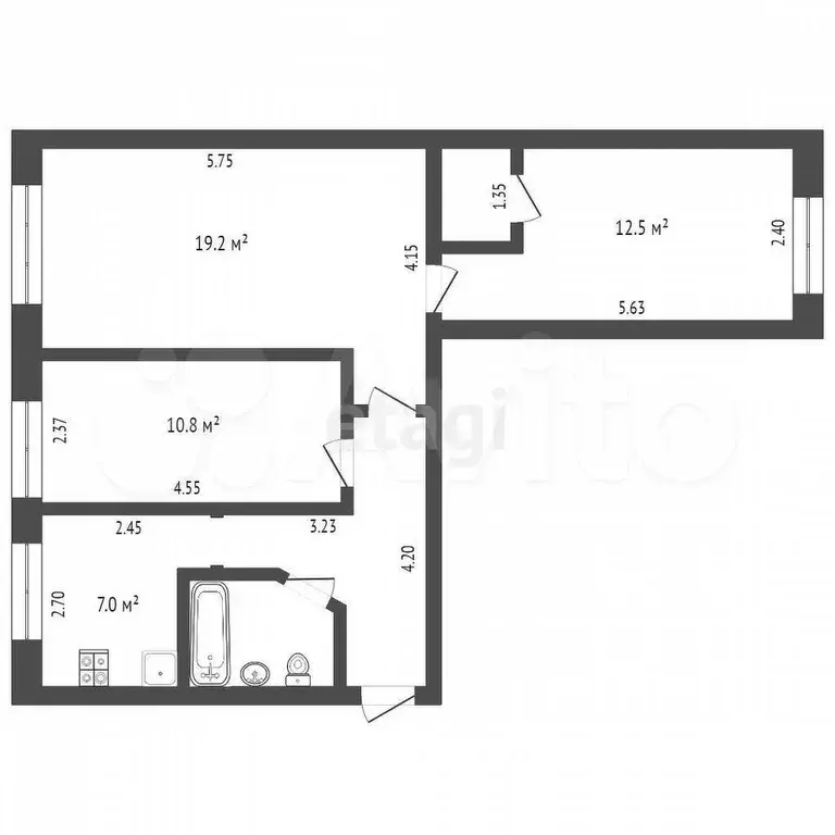 3-к. квартира, 59,9 м, 2/2 эт. - Фото 0
