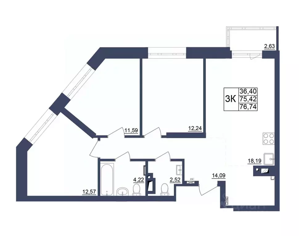 3-к кв. Башкортостан, Уфа Космос жилой комплекс, лит1 (76.9 м) - Фото 1