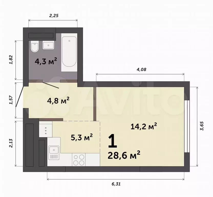 Квартира-студия, 28,6 м, 5/32 эт. - Фото 0