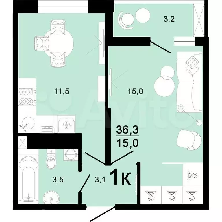 1-к. квартира, 36,3м, 4/8эт. - Фото 1