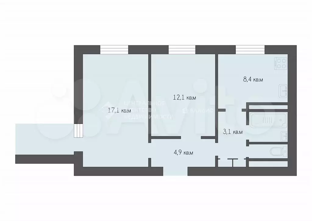 2-к. квартира, 49,4 м, 4/9 эт. - Фото 0
