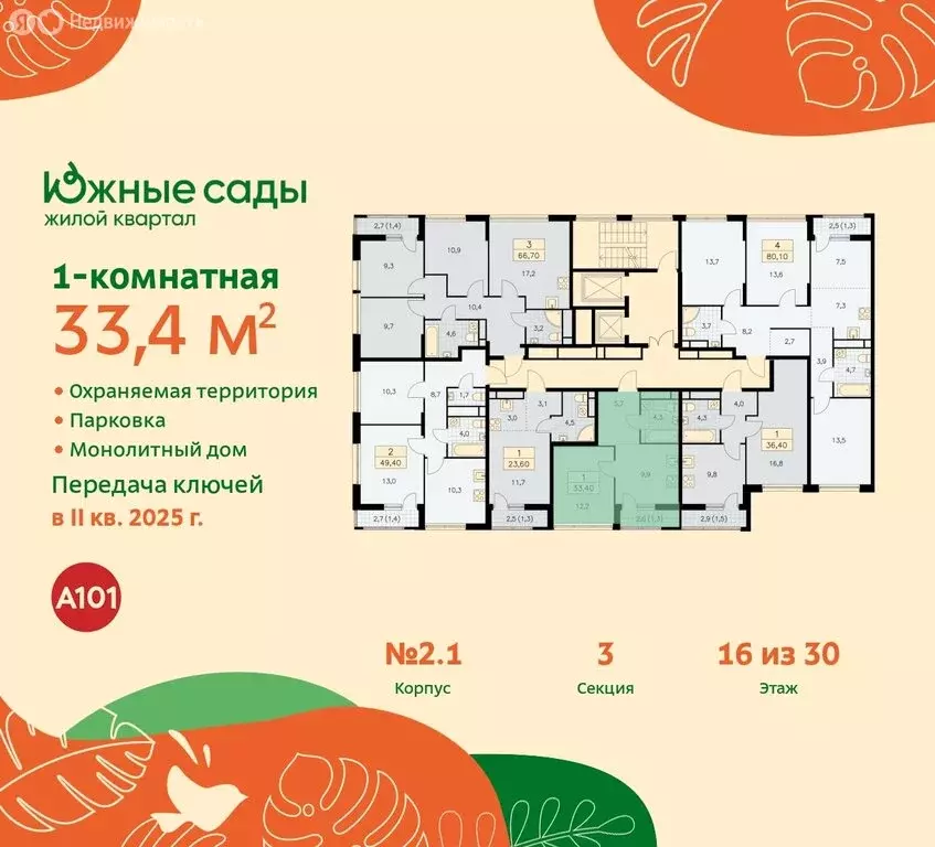 1-комнатная квартира: Москва, жилой комплекс Южные Сады, к2.4 (33.4 м) - Фото 1