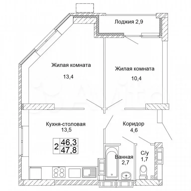 2-к. квартира, 47,8 м, 4/17 эт. - Фото 0