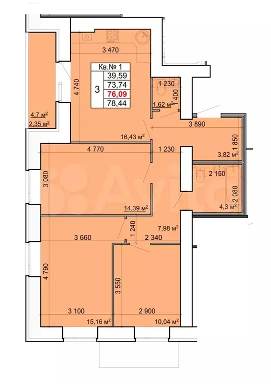 3-к. квартира, 76,1м, 2/9эт. - Фото 0