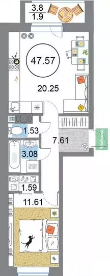 1-к. квартира, 47,6м, 12/12эт. - Фото 1