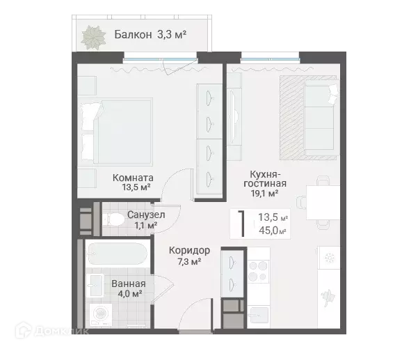 Продаётся 1-к квартира, 45 м - Фото 0