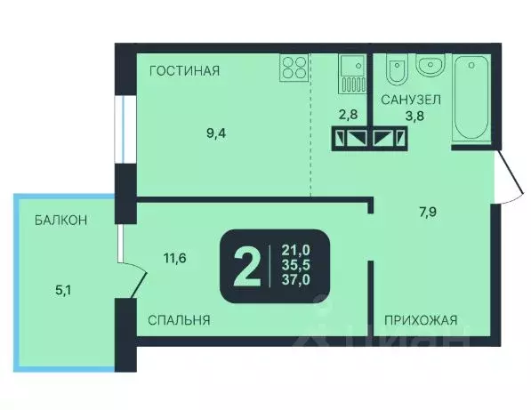 2-к кв. Новосибирская область, Новосибирск ул. Гаранина, 45 (37.0 м) - Фото 0