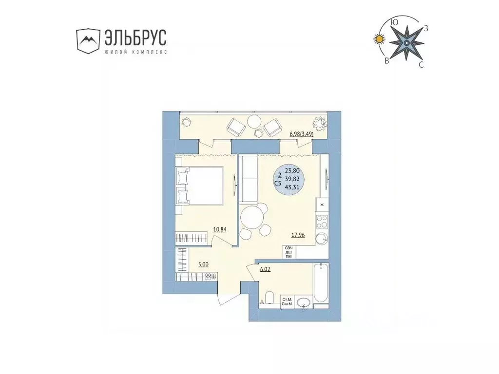 2-к кв. Башкортостан, Уфа Кавказская ул., 24 (43.31 м) - Фото 0