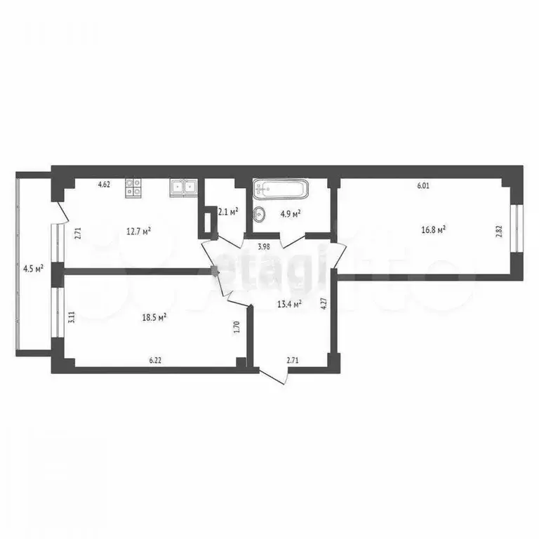 2-к. квартира, 68,5 м, 6/9 эт. - Фото 0
