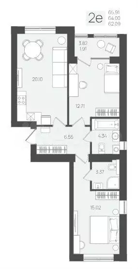 2-к. квартира, 64 м, 1/5 эт. - Фото 1