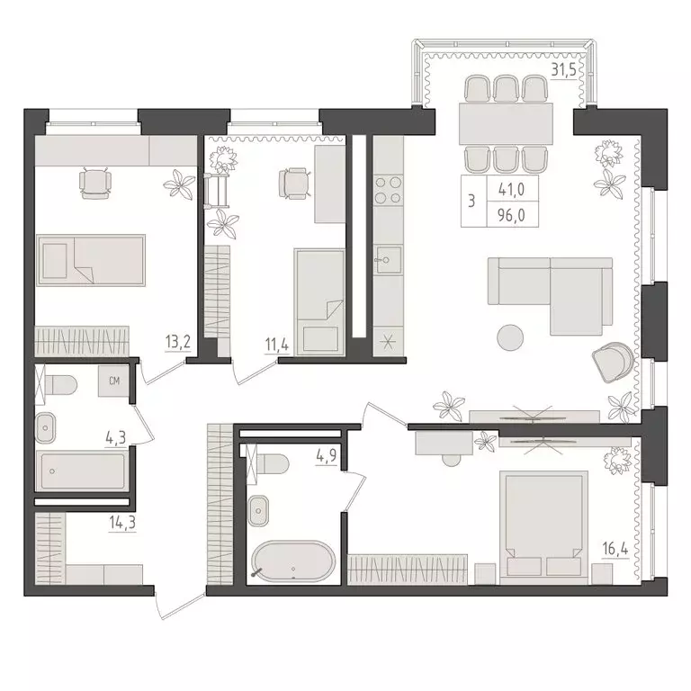 3-комнатная квартира: Уфа, ЖК Новый Империал, лит3/1 (96 м) - Фото 2