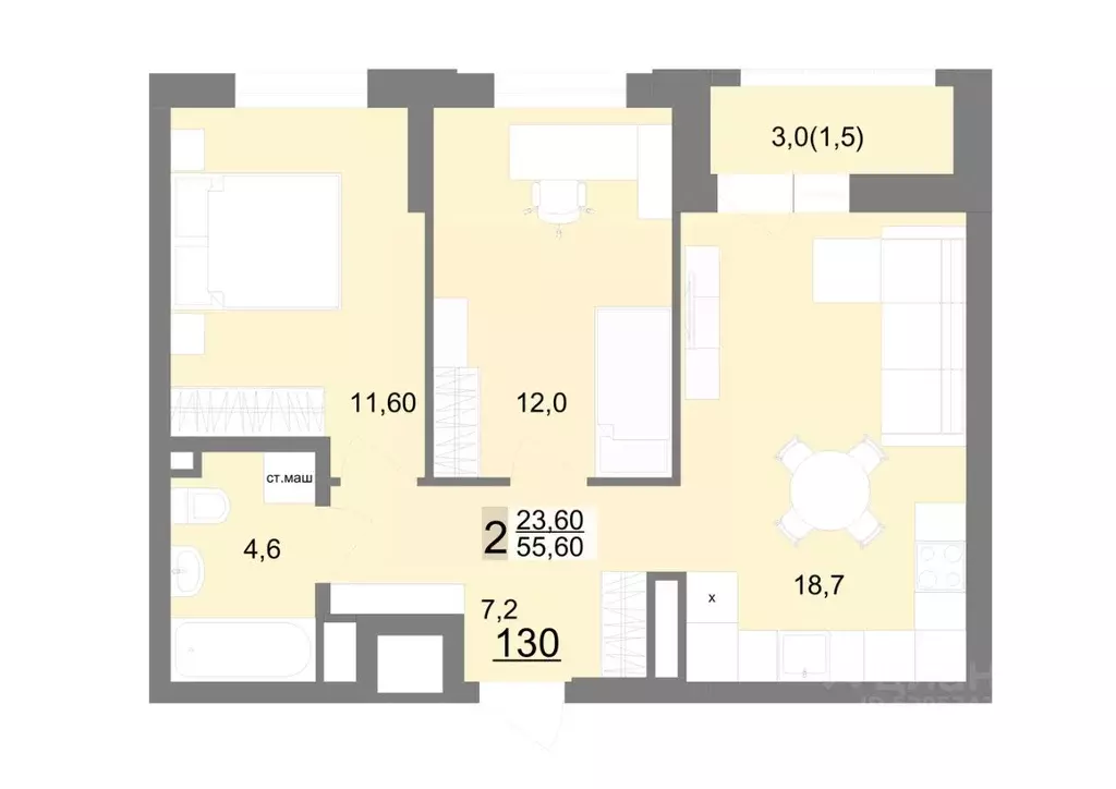 2-к кв. Свердловская область, Екатеринбург ул. Металлургов, 63/3 (55.6 ... - Фото 1
