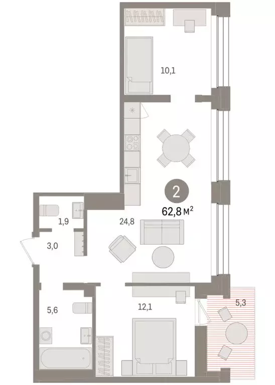 2-комнатная квартира: Тюмень, улица Муравленко, 9/2 (62.8 м) - Фото 1