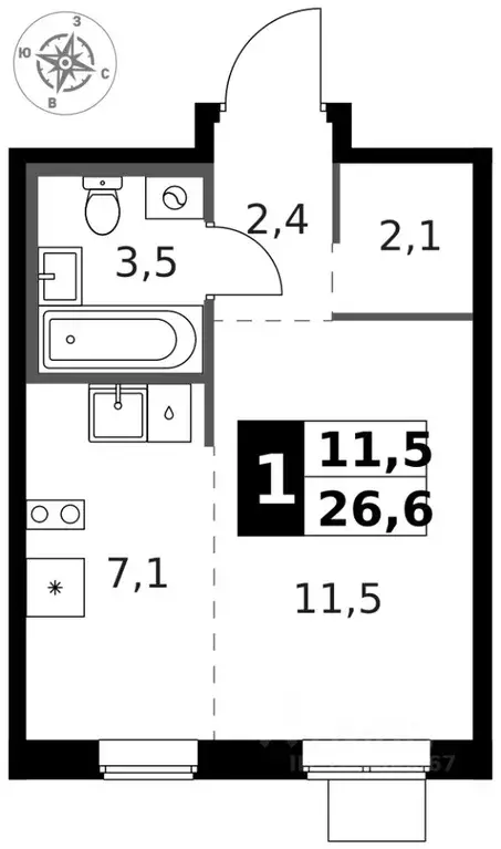 Студия Москва № 24 кв-л,  (26.6 м) - Фото 2
