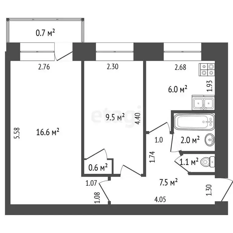 2-комнатная квартира: Северск, улица Калинина, 91 (43 м) - Фото 1