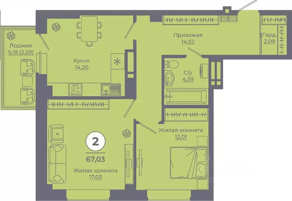 2-к кв. Ростовская область, Ростов-на-Дону ул. Еременко, 115 (67.03 м) - Фото 1